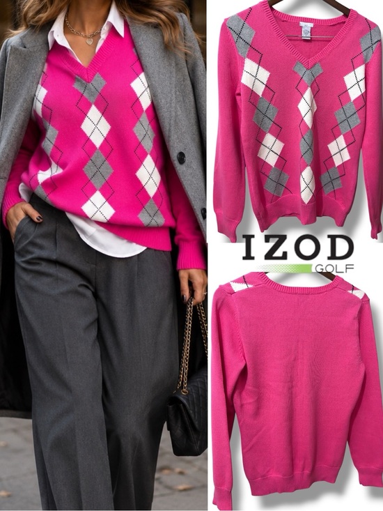 Izod Sweaters - IZOD Golf | VTG Y2K 100% Cotton Women's Hot Pink White Argyle V-Neck Sweater(M)